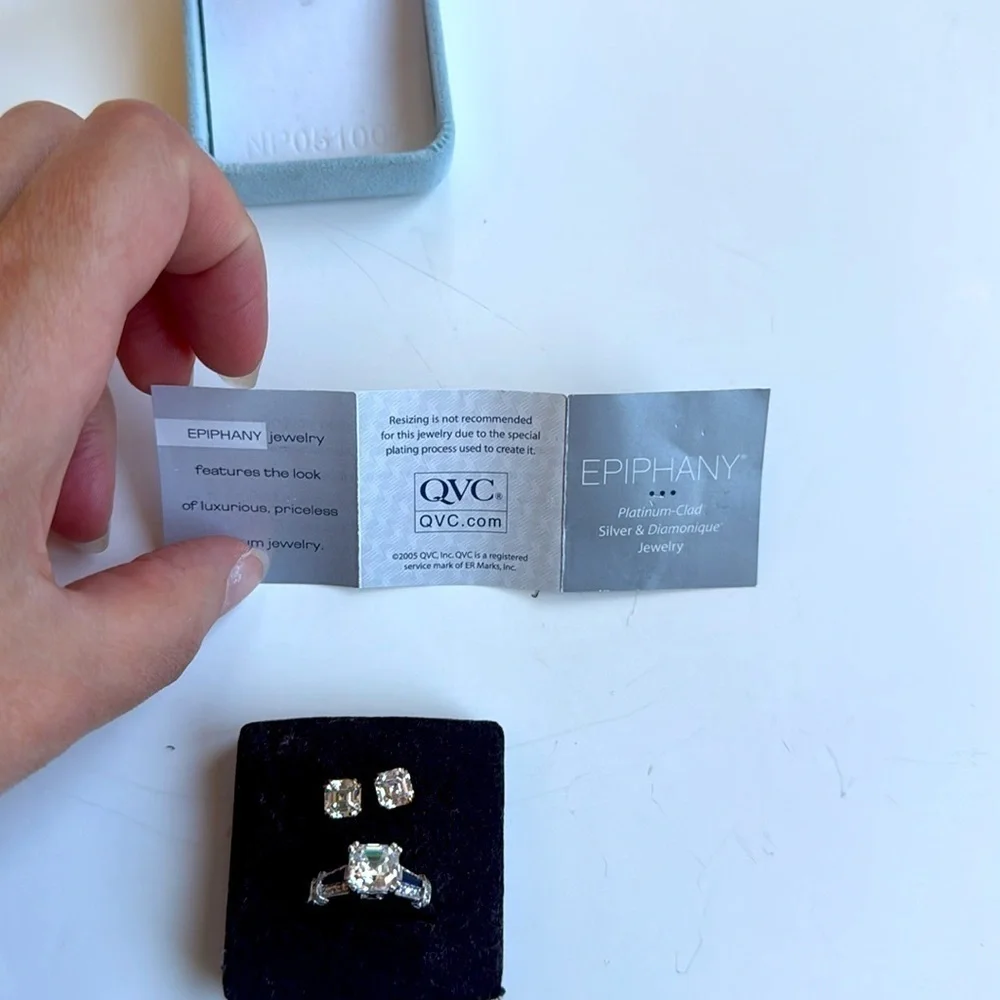Epiphany Platinum clad Silver and Diamonique QVC ring and Earrings Jewelry Set